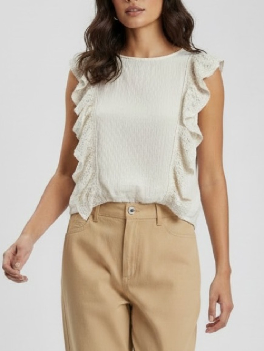 Grade & Gather Cotton Crochet Ruffle Bubble Hem Stretch Waist Top Medium